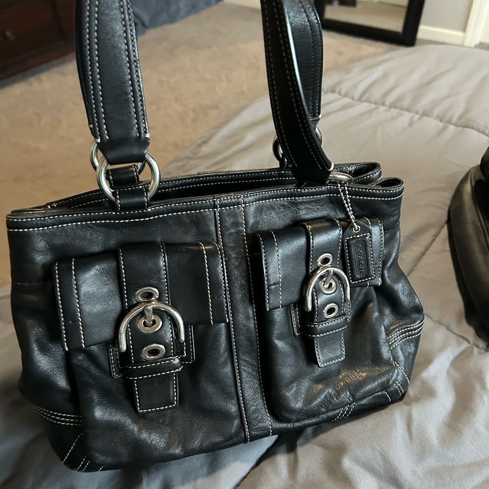 Coach Black Leather Shoulder Bag with Silver Buckle Accents